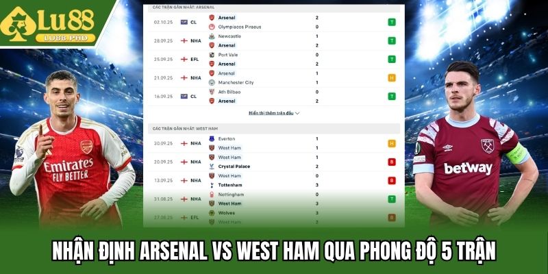 Nhận định Arsenal vs West Ham qua phong độ 5 trận
